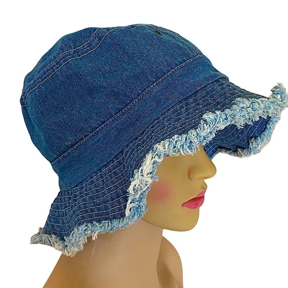 Vintage Blue Denim Fringed Bucket Hat OSFM Cottagecore Minimalist Boho Chic - Picture 2 of 8